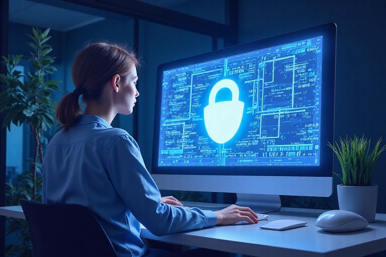 Ilustración de una persona protegiendo sus datos personales en una pantalla de ordenador, simbolizando la privacidad digital.
